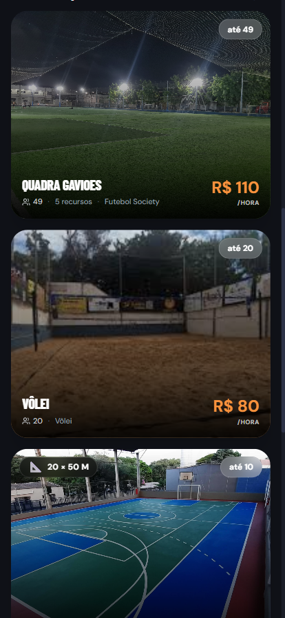 Quadras disponíveis com fotos reais, dimensões e preço por hora na Driblus